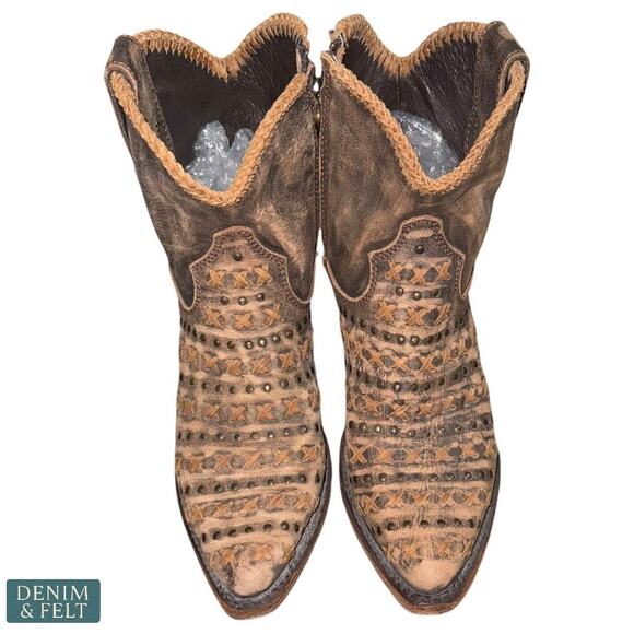 Liberty Black Vintage Canela Studded Leather Boots Brown Distressed Booties - Picture 2 of 16